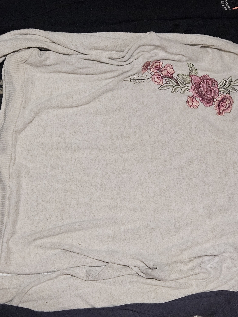 Poof! Cream Scoop Neck Sweater with Pink Floral Embroidery